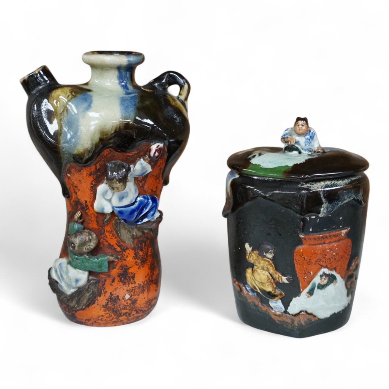 A Japanese Sumida pottery vase and a similar jar and cover, largest 21cm high